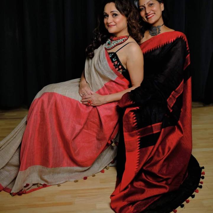 Red and Black Contrast Pure Linen Saree